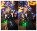 Portrait of young beautiful woman with long fair hair outdoor in cold winter evening. Beautiful blonde girl in winter clothes Royalty Free Stock Photo