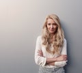 Portrait of young beautiful woman with long hair have fun and good mood looking in camera and smiling Royalty Free Stock Photo