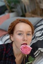 portrait of a young beautiful woman with red hair in the studio with a rose near her face Royalty Free Stock Photo
