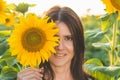 Portrait of a young beautiful woman in sunflowers. Woman covers half of her face with a sunflower Royalty Free Stock Photo