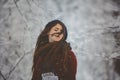 Portrait Young beautiful woman throws snow Royalty Free Stock Photo