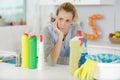 portrait young beautiful woman tired cleaning up Royalty Free Stock Photo