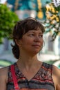 Portrait, young beautiful woman tourist, in the background in the blurred background. St. Andrew church in Kiev. Ukraine. Concept Royalty Free Stock Photo