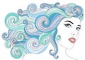 Portrait of young beautiful woman with with waves floral hair. Template for business cards, advertising, beauty salons