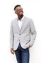 Young black businessman with glasses against white background Royalty Free Stock Photo