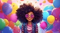 Portrait of a young black woman wearing cool glasses on a festive background with colorful balloons