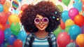 Portrait of a young black woman with curly hairs wearing cool glasses on a festive background with colorful balloons