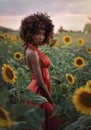 Portrait of Young black woman in a orange dress walks in the sunflower field at sunset Royalty Free Stock Photo