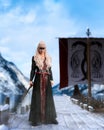 Portrait of a young blonde haired viking warrior woman standing on a pier holding a sword with a long boat behind iin winter. 3D