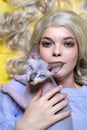 Portrait of young blonde woman cosplay elf with eyes of different colors, holding blue eyed kitten Royalty Free Stock Photo