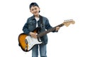 Portrait of young boy playing electric guitar, isolated on white. Boy playing the guitar Royalty Free Stock Photo