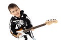 Portrait of young boy playing electric guitar, isolated on white. Boy playing the guitar Royalty Free Stock Photo