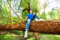 Portrait Of Young Boy Sitting On Fallen Tree Trunk