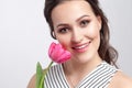 Portrait of young brunette beautiful woman with makeup in stripe Royalty Free Stock Photo