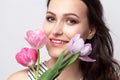 Portrait of young brunette beautiful woman with makeup in stripe Royalty Free Stock Photo