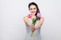 Portrait of young brunette beautiful woman with makeup in white Royalty Free Stock Photo