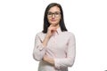 Portrait of young brunette business woman with glasses pink shirt close up on white isolated background