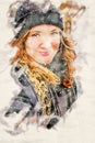 Young brunette woman outdoors on snowy day in aquarelle style
