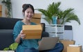 Portrait of young business asian woman online working in office desk use computer copyspace. Success business people employee, Royalty Free Stock Photo