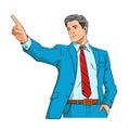 portrait of young businessman pointing his finger up or businessman gesture