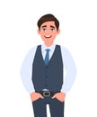 Portrait of young businessman standing with hands in pockets. Person in formal waistcoat. Male character design illustration.