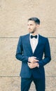 Portrait. Young businessman in a suit and bow tie posing against a background of office building. Market. Course Royalty Free Stock Photo