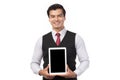 Portrait young businessman working on new tablet, mobile phone in white studio. Portrait of a confident business man in black suit Royalty Free Stock Photo