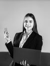 Portrait of young businesswoman accountant in formal wear at office work place. Successful female manager, beautiful Royalty Free Stock Photo