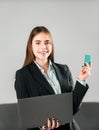 Portrait of young businesswoman accountant in formal wear at office work place. Successful female manager, beautiful Royalty Free Stock Photo