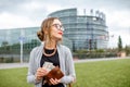 Woman near the European parliament building in Strasbourg Royalty Free Stock Photo