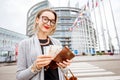 Woman near the European parliament building in Strasbourg Royalty Free Stock Photo