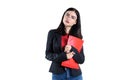 young businesswoman in glasses red folder and pen female, person, success Royalty Free Stock Photo