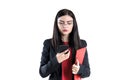 Portrait young businesswoman in glasses a red folder and pen female, person, success Royalty Free Stock Photo