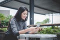 Portrait of young businesswoman use mobile phone while sitting i