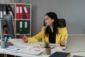 Portrait of young caucaasian woman work at business documents, computer at office