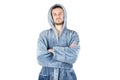 Portrait of young caucasian bearded man in blue bathrobe with crossed hands isolated on white background Royalty Free Stock Photo