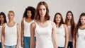 Portrait of young caucasian girl in white shirt looking at camera. Group of diverse women posing, standing isolated over Royalty Free Stock Photo