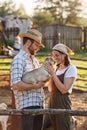 Portrait of young Caucasian happy farmer couple holding a little goat in their arms. Family business at ecological farm Royalty Free Stock Photo