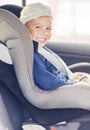 Portrait of Young Caucasian happy Little Boy Sitting on a Car Sa