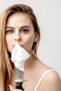 Woman holding knife with shaving foam Royalty Free Stock Photo