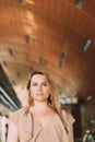 Portrait of young caucasian woman lady tourist traveler standing on the Dubai metro train station. High quality photo Royalty Free Stock Photo