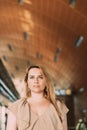 Portrait of young caucasian woman lady tourist traveler standing on the Dubai metro train station. High quality photo Royalty Free Stock Photo