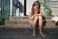 young charming brunette girl biting green apple Royalty Free Stock Photo