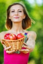 Portrait young charming woman basket apples Royalty Free Stock Photo