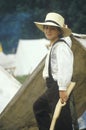 Portrait of young Civil War participant in camp scene during recreation of Battle of Manassas, Virginia