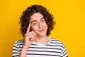 Portrait of young clever teenager guy touching forehead make decision deep thinking genius idea isolated on yellow color Royalty Free Stock Photo