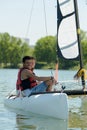 Portrait young couple on catamaran Royalty Free Stock Photo