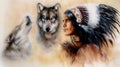 A portrait of a young courrageous indian warrior with a pair of wolves