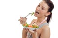 Portrait of a young cute girl eats salad closeup Royalty Free Stock Photo