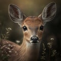 Portrait of young deer looking at camera, selective focus, on black background.